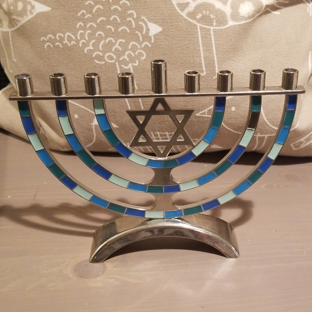 Hanukkah menorah blue green tile inlay